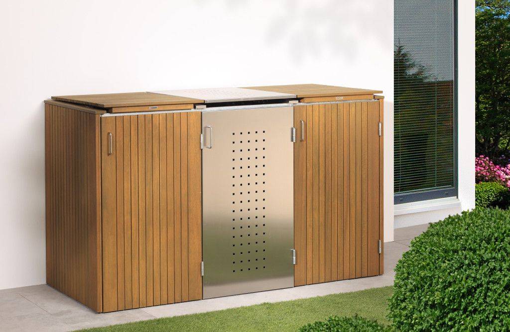 Mülltonnenbox Binto in Edelstahl und Hartholz kombiniert