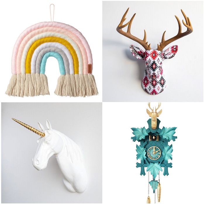Einhornkopf, Makramee-Regenbogen, Hirschkopf, Kuckucksuhr modern