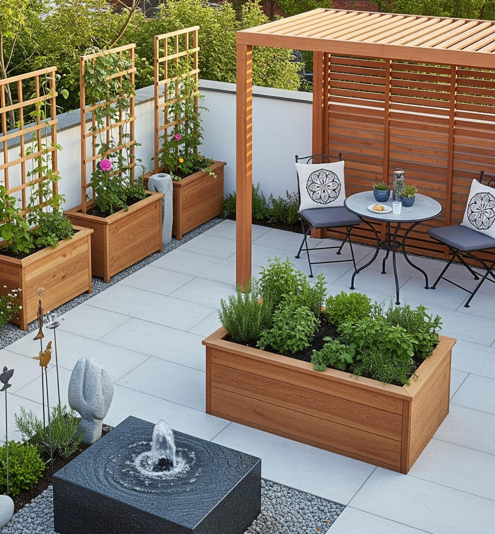 Gartendekoration mit Pergola, Pflanzkästen, Deko-Elementen und Kissen